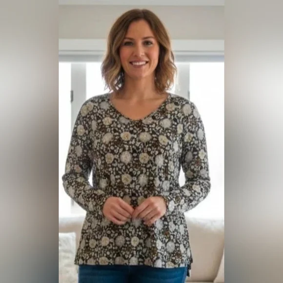 J Jill Shirt Top Black Floral Pima Cotton Size 3X V Neck, Long Sleeve Tee - Picture 2 of 9